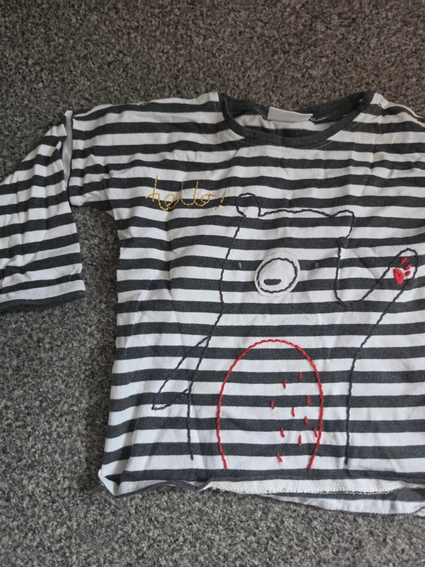 Next Baby Boys Black & White Striped Bear Long Sleeve Top – 6–9 Months