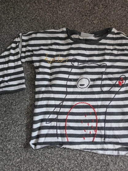 Next Baby Boys Black & White Striped Bear Long Sleeve Top – 6–9 Months
