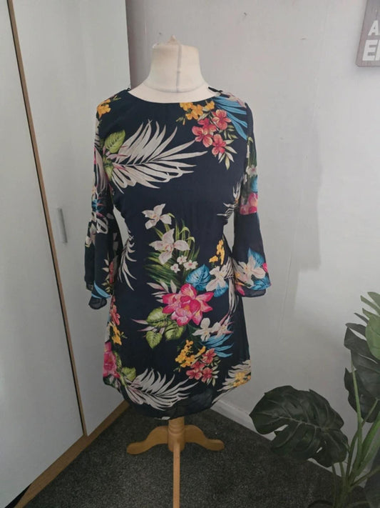 F&F Navy Floral A-Line Dress with Sheer Flared Sleeves Size 12