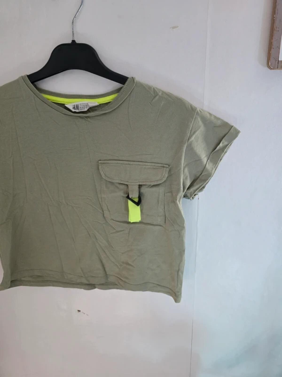 H&M Girls Khaki Green Cropped Short-Sleeved T-Shirt Size Age 10-12 Years