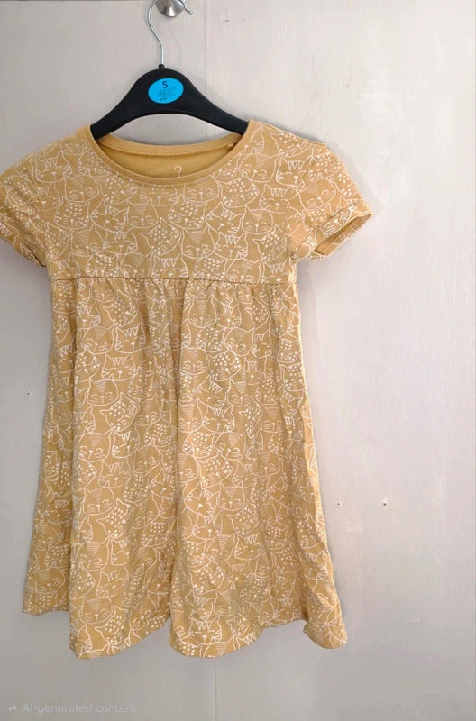 Next Girls Ochre Yellow & White Cat Print Short Sleeve Jersey Dress Age 4-5 Years
