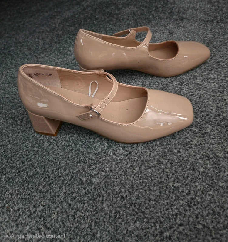 Matalan Nude Patent Platform Mary Jane Heel Shoes Square Toe Size 7