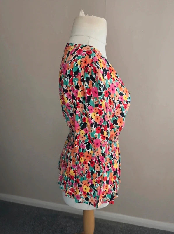 F&F Multicoloured Floral Peplum Top Size 14