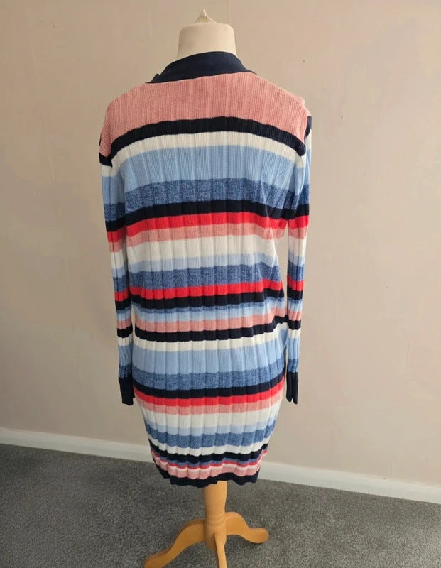 Matalan Blue Red & White Striped Knitted Midi Cardigan Size Medium Size 12-14