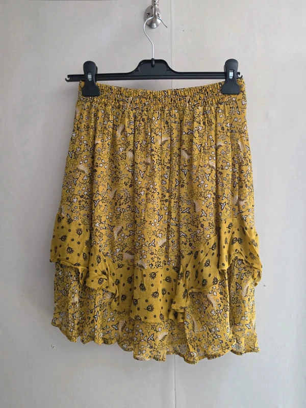 M&S Yellow & Black Floral Layered Mini Skirt Size 10 Lined Frill Hem Boho