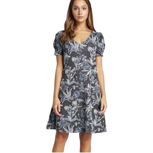 Next Blue & Navy Floral Flared Knee-Length Dress Size 12 Reg Short Sleeve