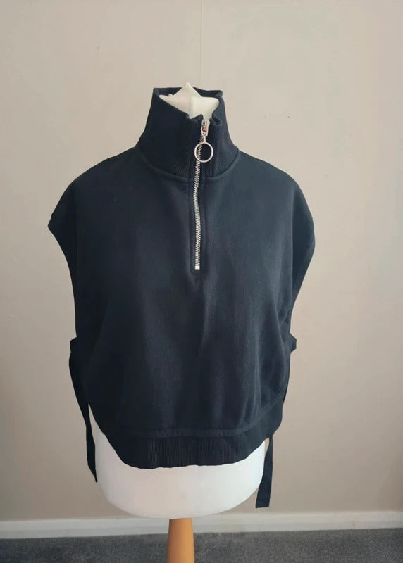 ASOS Black Cropped Quarter-Zip Sweatshirt Vest with Tie Sides XL Size 16-18