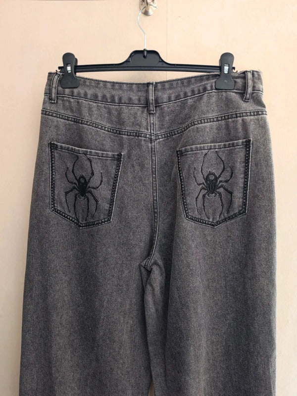 ROMWE Grey High Waisted Flared Jeans Spider Design – Size L (UK Size 12–14)
