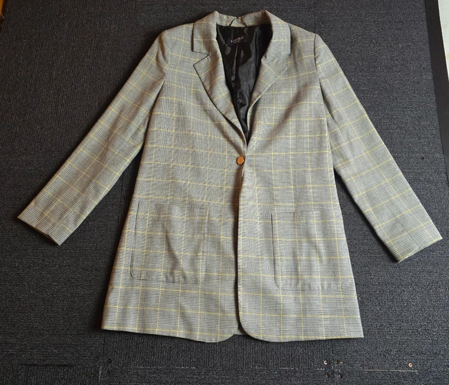 M&S Grey & Yellow Check Oversized Blazer Size 10 – Smart Layering Piece
