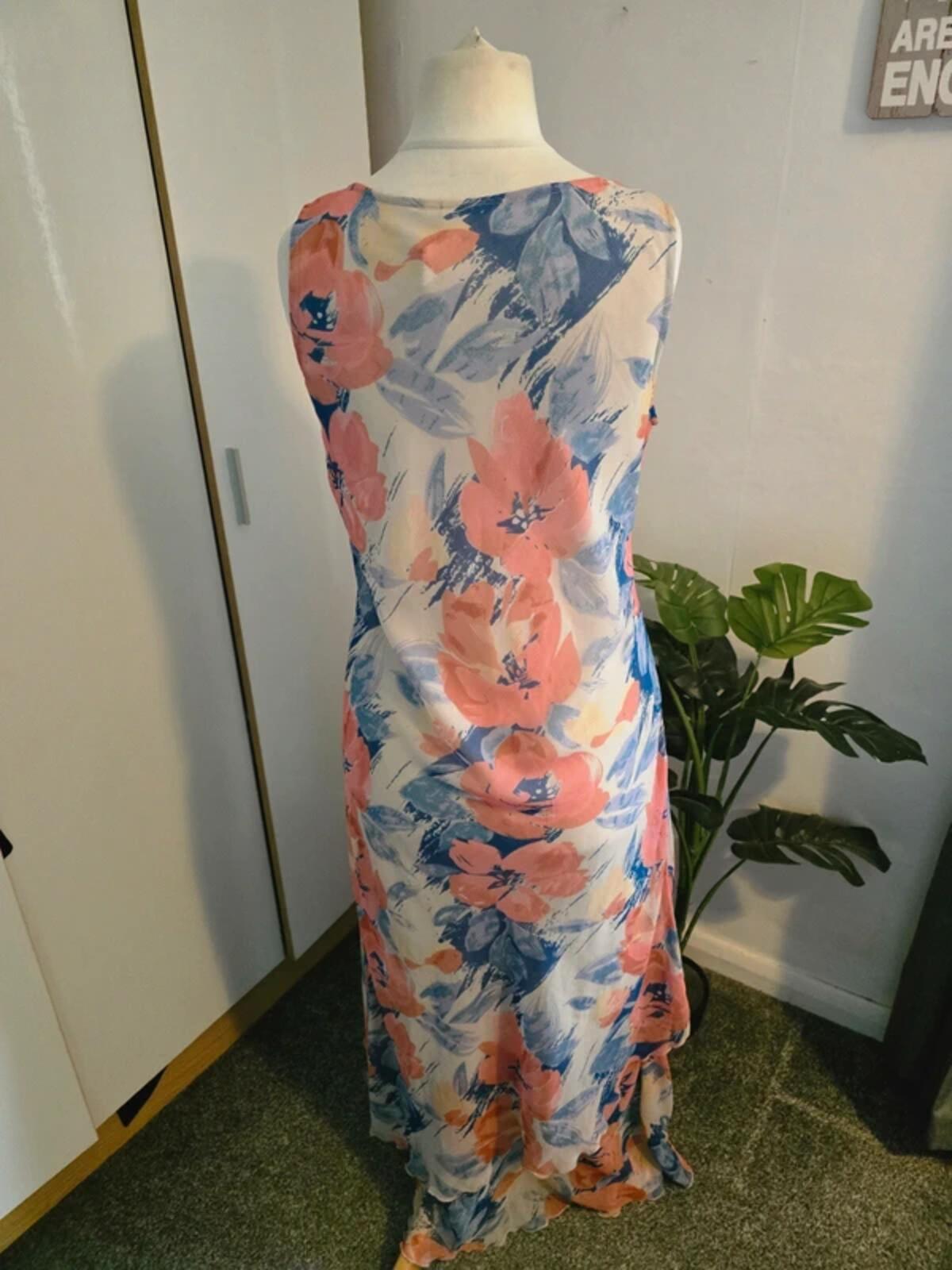 Adini Cream Pink & Blue Floral Sleeveless Midi Dress L Size 10-12