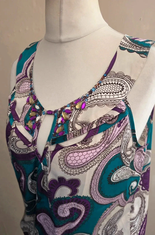 Wallis NWT Sleeveless Blouse Top Med Size 10-12 Green Purple White  Embellished