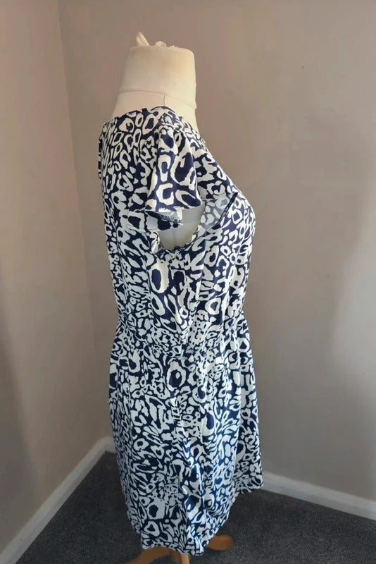F&F Navy & White Animal Patterned Knee-Length Dress Size 16