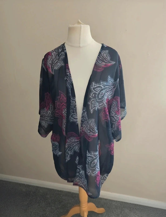 Originals Navy & Pink Patterned Sheer Open Beach Cover-Up M Size 14-16