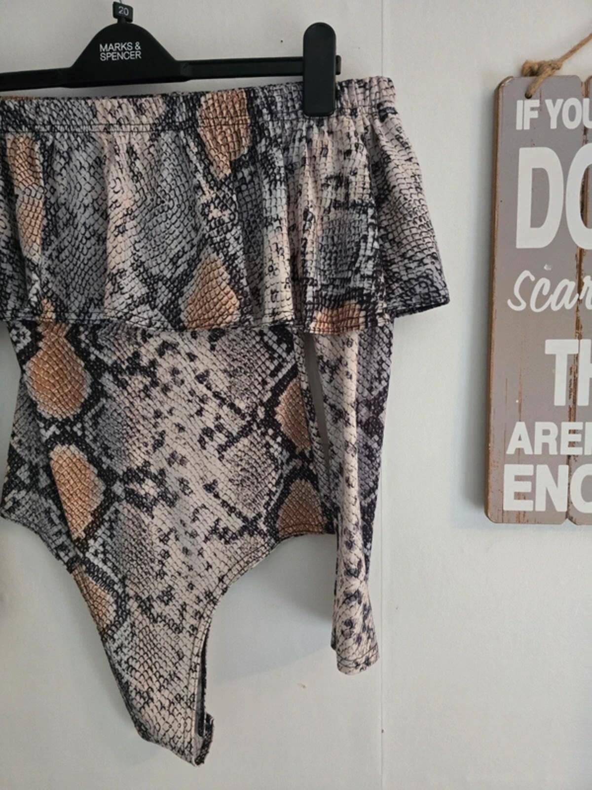 Prettylittlething Beige & Brown off the shoulder  Snakeskin Bodysuit - Size 8