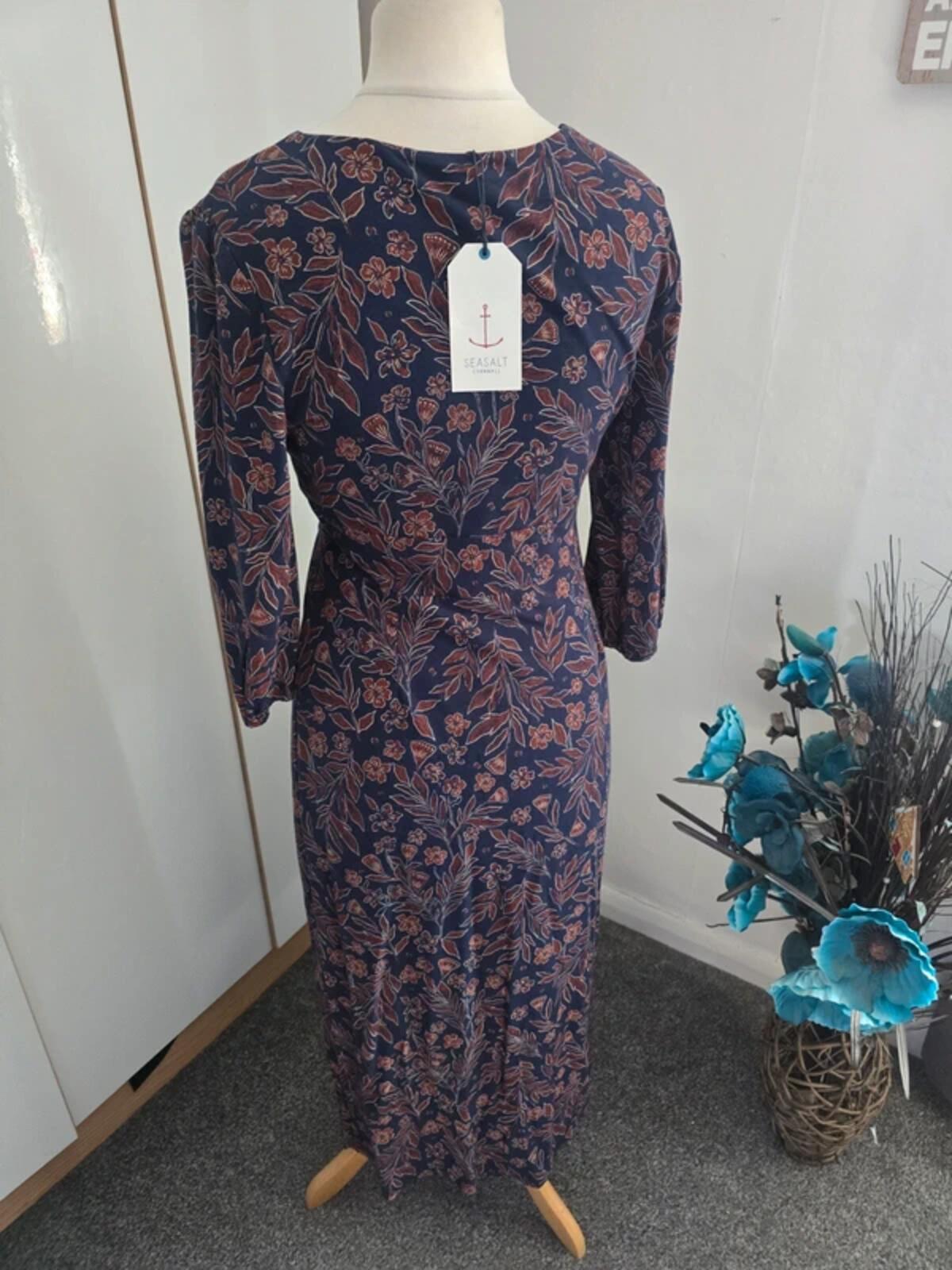 NWT Seasalt Cornwall Navy & Brown Floral Midi Dress Size 10
