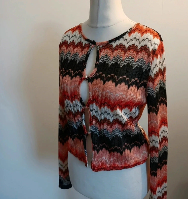 Missguided Orange, Cream & Brown Patterned Cropped Cardigan Top – Size 18