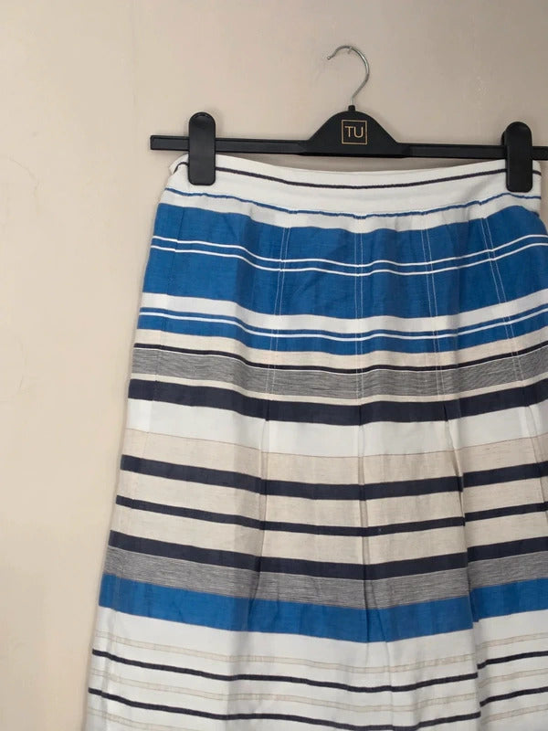 Country Casuals Women's Blue & White Striped Linen Blend Midi Skirt Size 10