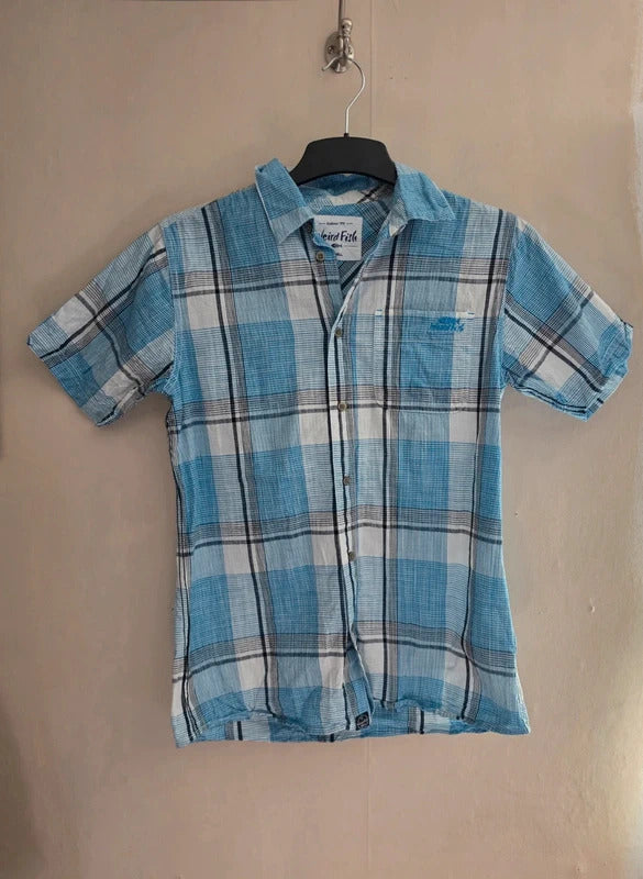 Weird Fish Men's Blue Checked Short Sleeve Cotton Shirt Size Small