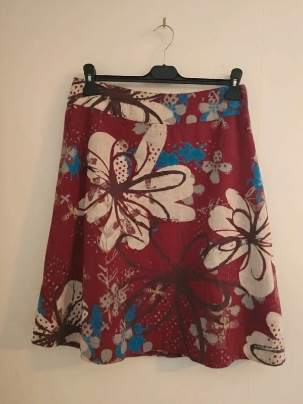 White Stuff Reversible Skirt 10 Blue Cream Bird Print Burgundy Floral 100 Cotton