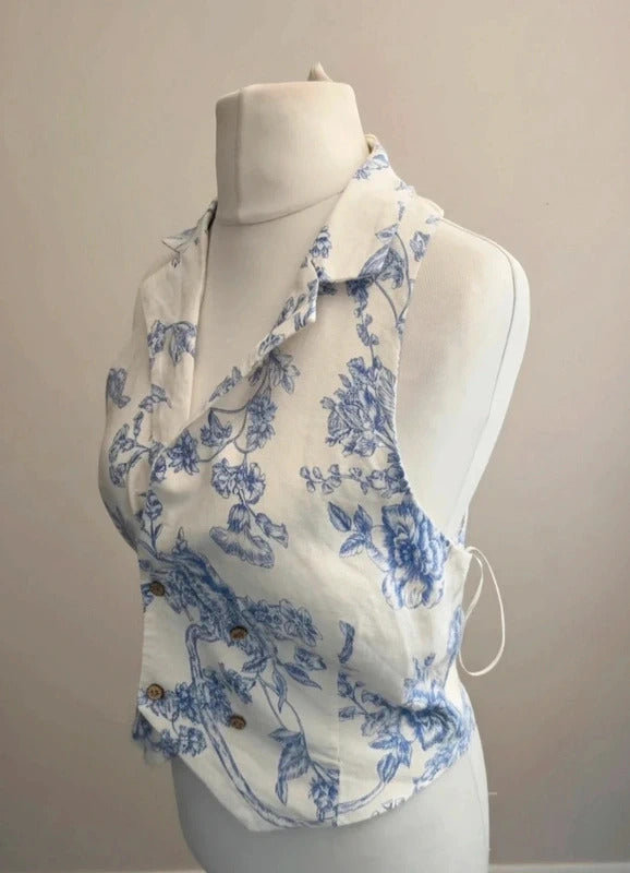 Mango Blue & White Floral Halterneck Collared Top NWT M Size 10