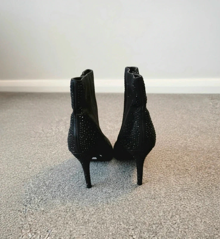 Dune 837olitta Black Embellished Pointed Toe Stiletto Ankle Boots Size 6