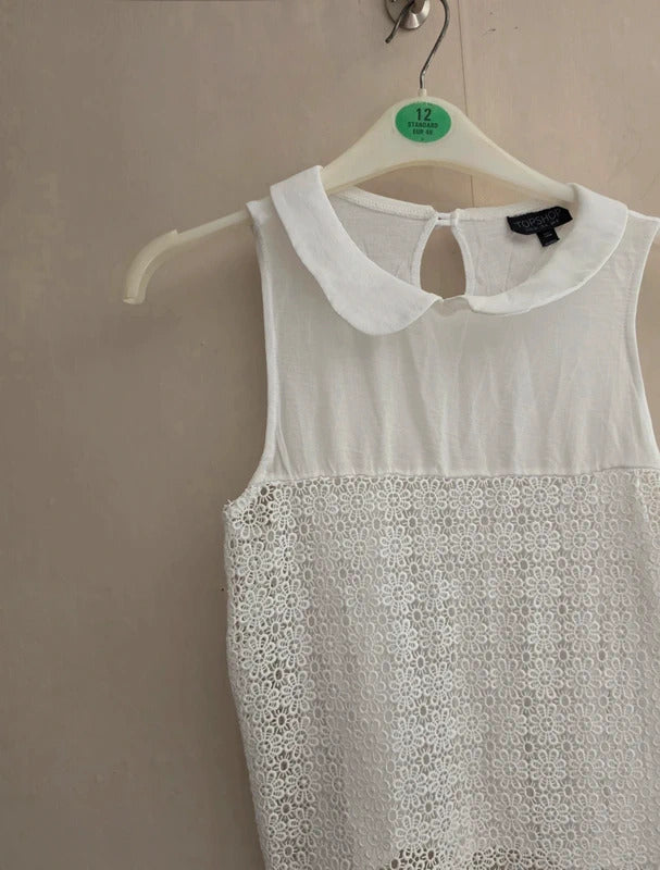 Topshop White Peter Pan Collar Crochet Lace Sleeveless Top Size 8