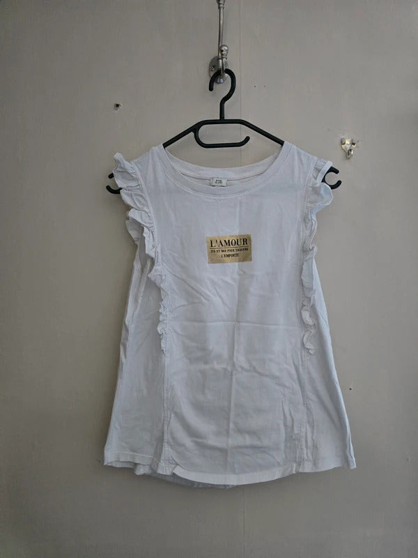 River Island White Frilly Short Sleeved Cotton T-Shirt Size 10 (Fits 6-8)