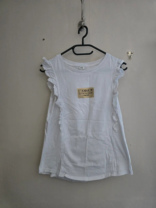 River Island White Frilly Short Sleeved Cotton T-Shirt Size 10 (Fits 6-8)
