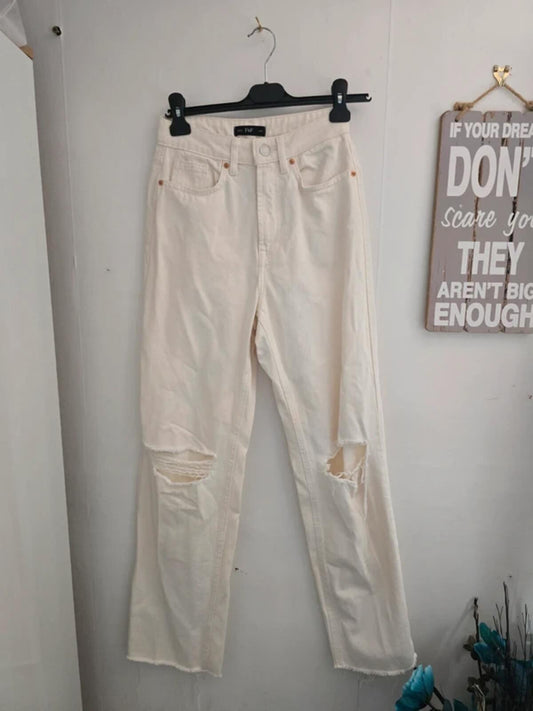 F&F White Distressed High-Waisted Straight Leg Jeans Size 6