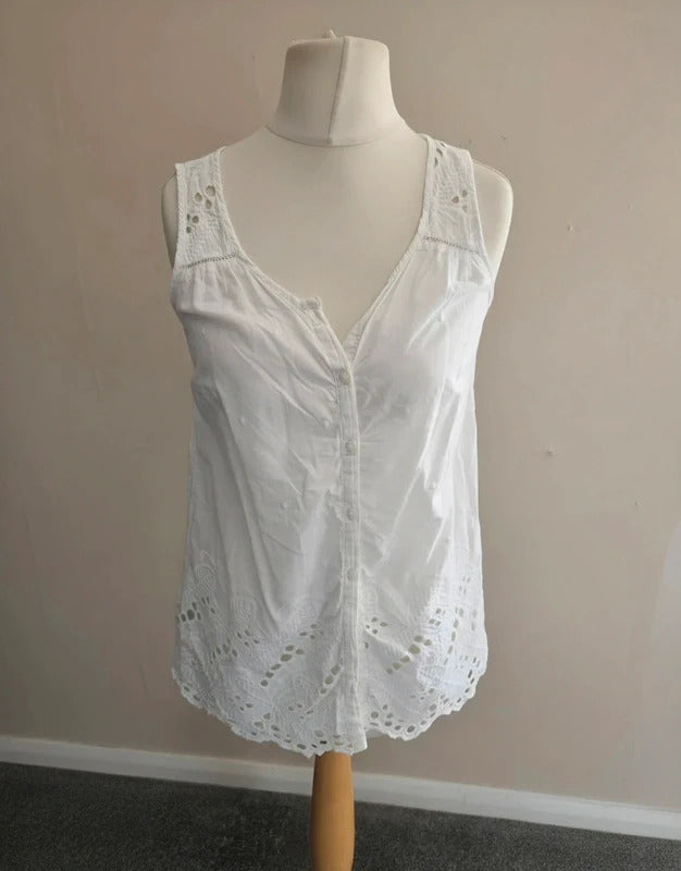 F&F White Broderie Anglaise Button-Up Cotton Vest Top Size 10