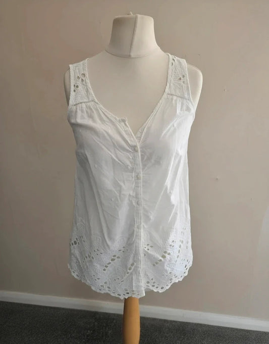 F&F White Broderie Anglaise Button-Up Cotton Vest Top Size 10
