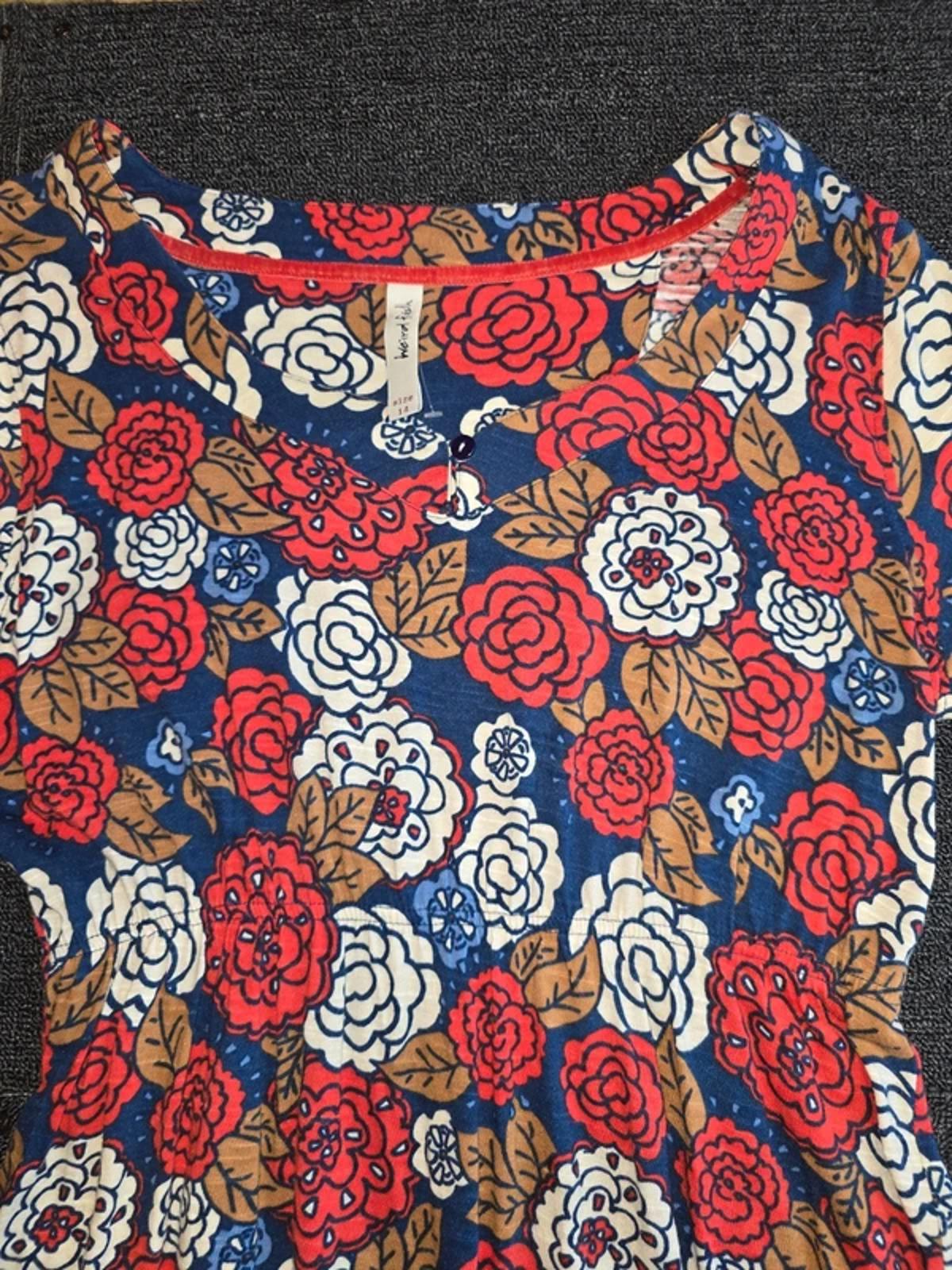 Weird Fish Floral Tunic Top Navy Red White UK Size 14 ¾ Sleeve Cotton Modal