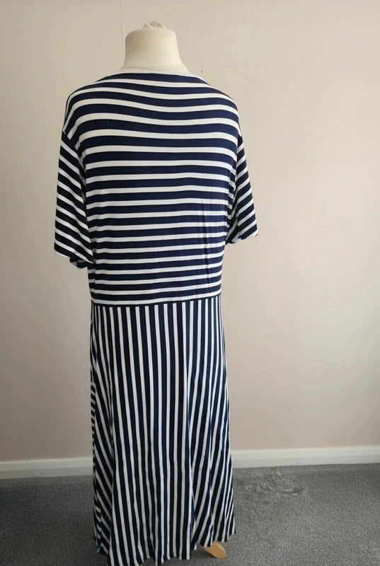 Oasis Navy & White Striped V-Neck Button Front Midi-Maxi Dress XL Size 16-18