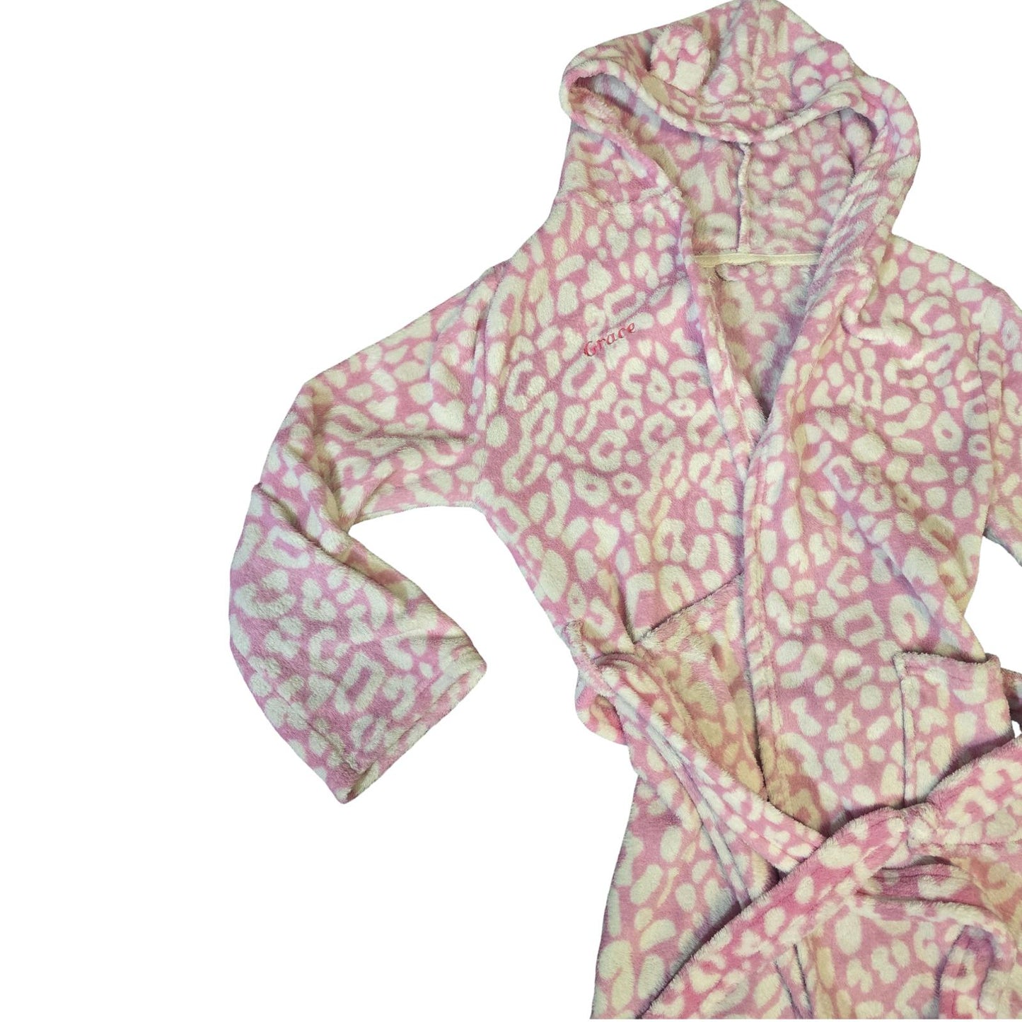Girls Pink Leopard Print Hooded Dressing Gown – Age 10–11 – Embroidered “Grace”
