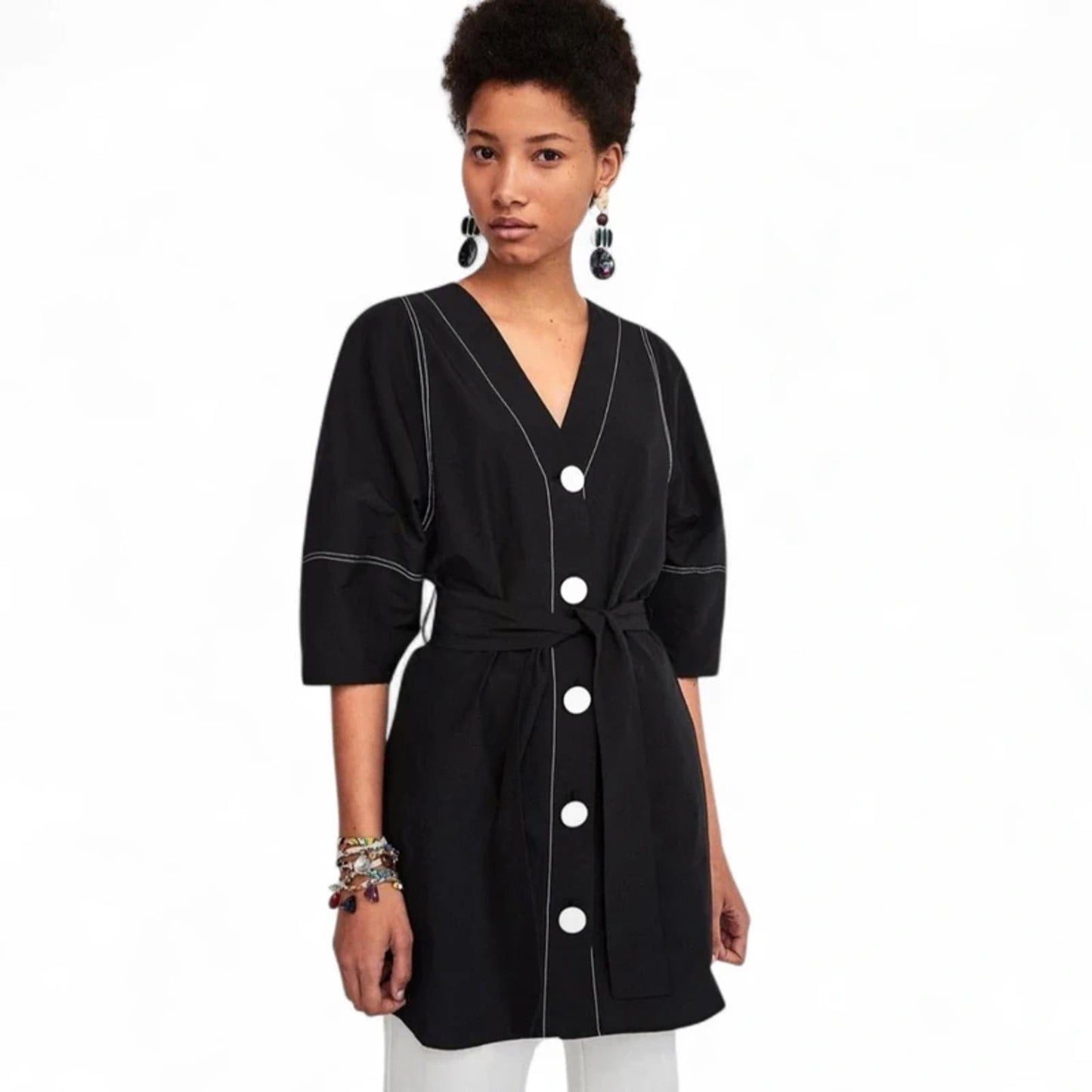 Zara Black Mini Shirt Dress With Contrast Buttons L Fits Size 12/14 Casual Smart