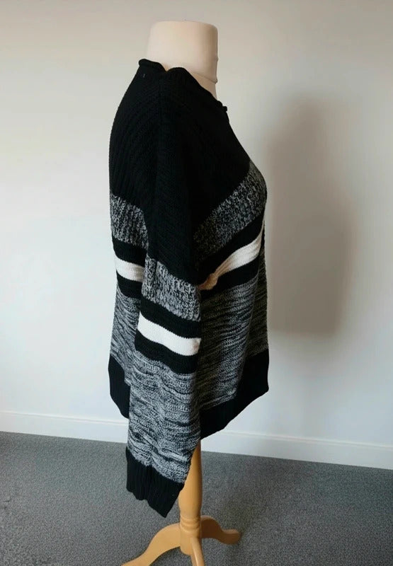 Women's Black Grey & White Striped Chunky Knit Jumper –  3XL (Size 18–20) 