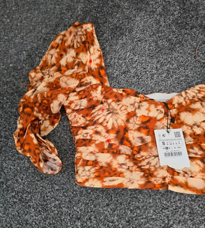 Zara Orange Patterned Ruched Crop Top Size S Fits Size 8-10