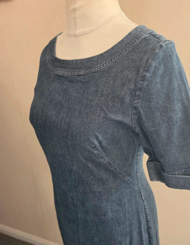 Boden Denim Blue Round Neck A-Line Knee Length Dress Size 12 Regular