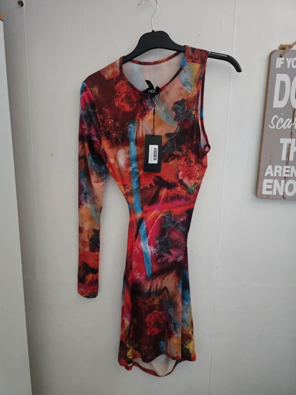 Ego Multicoloured Patterned Asymmetrical Cut-Out Bodycon Mini Dress Size 12 NWT