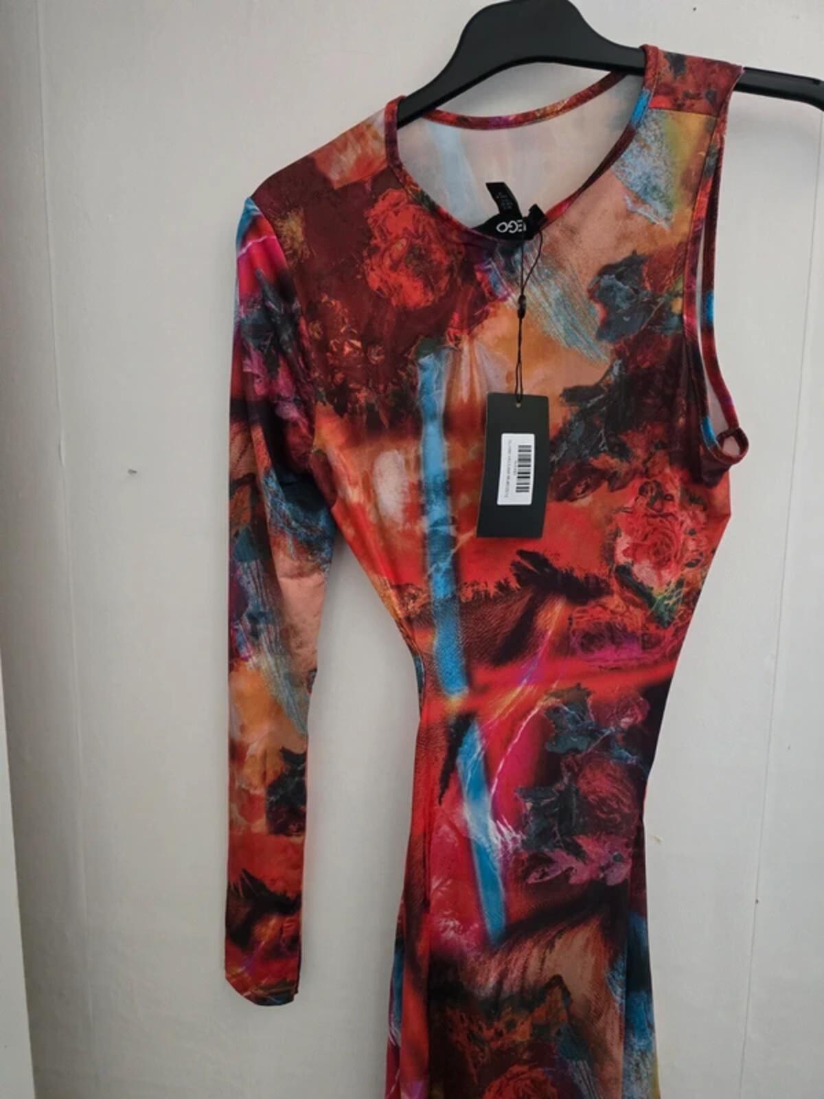 Ego Multicoloured Patterned Asymmetrical Cut-Out Bodycon Mini Dress Size 12 NWT