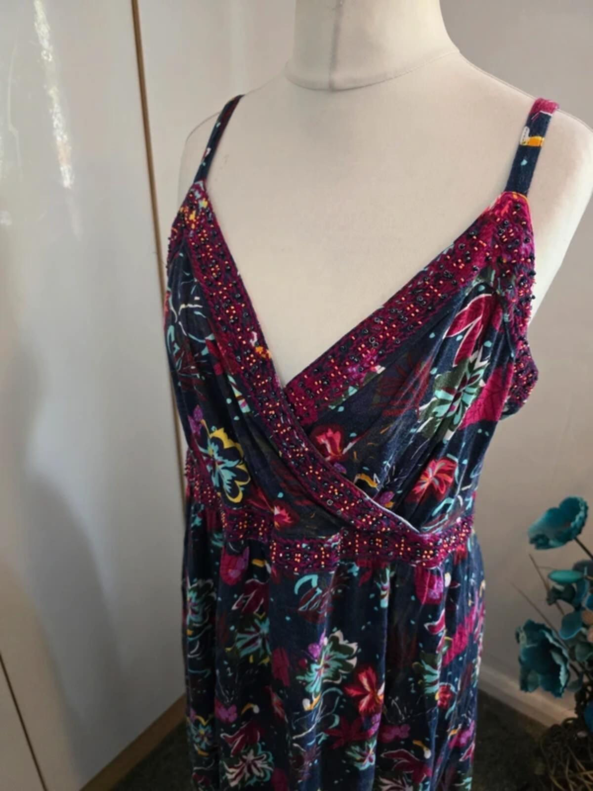Manterey Multicoloured Floral Bird Cotton Embellished Dress Size 18