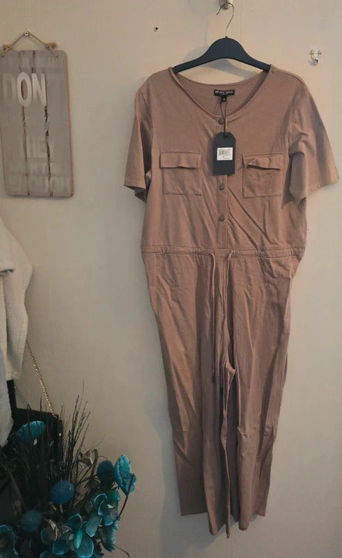 Brave Soul Dark Beige Short Sleeved Flared Utility Jumpsuit M Size 12 NWT