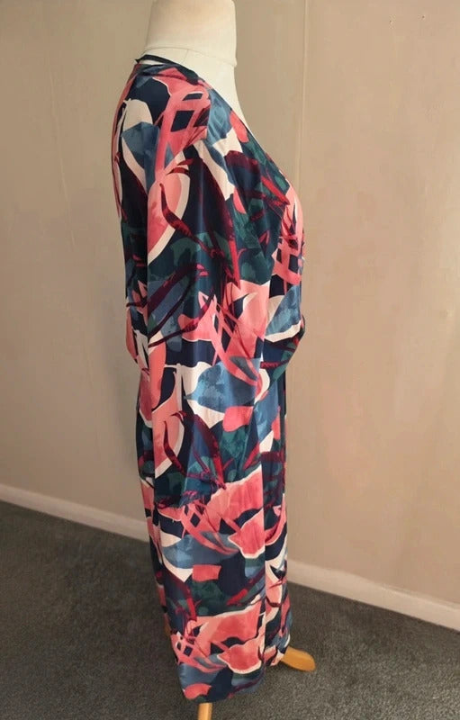 Ulla Popken Multicoloured Abstract Floral V-Neck Wrap Midi Dress Size 22 (EU 50)