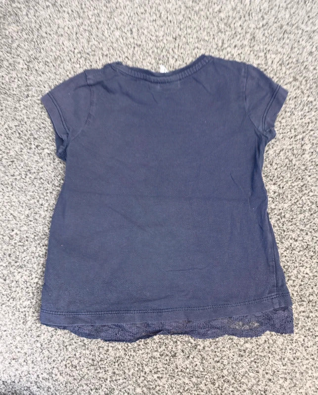 Primark Disney Girls Navy Blue Gold Sequin Mickey Mouse T-Shirt Lace Hem Age 3-4 Years