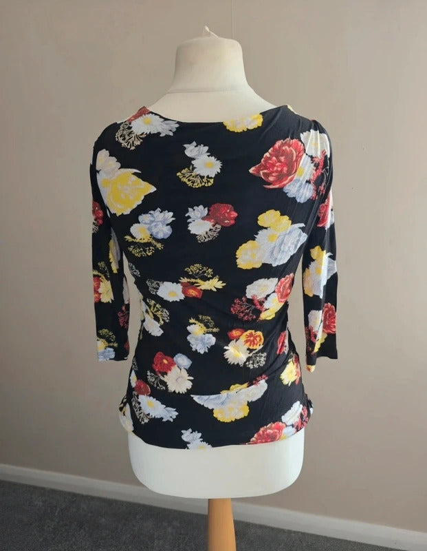 H&M Black Floral Ruched Bodycon Top Medium Size 12-14