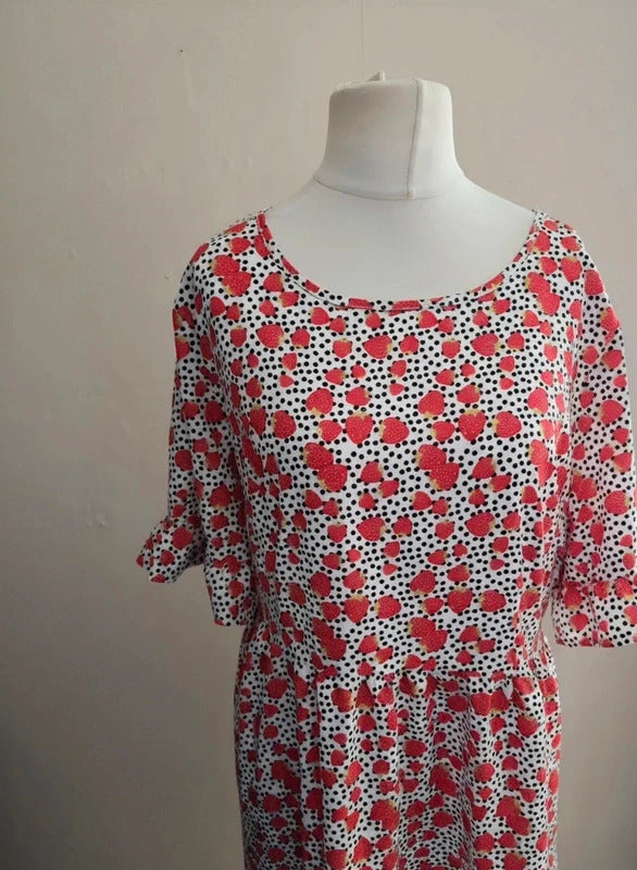 Shein Curve Red, White & Black Strawberry & Polka Dot Smock Dress 1XL Size 16-18