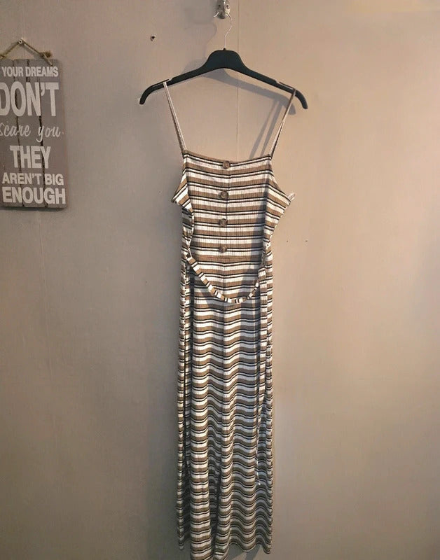 Topshop Beige & White Striped Sleeveless Belted Flared Crop Jumpsuit Size 12