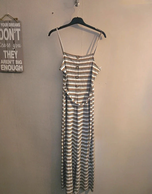 Topshop Beige & White Striped Sleeveless Belted Flared Crop Jumpsuit Size 12