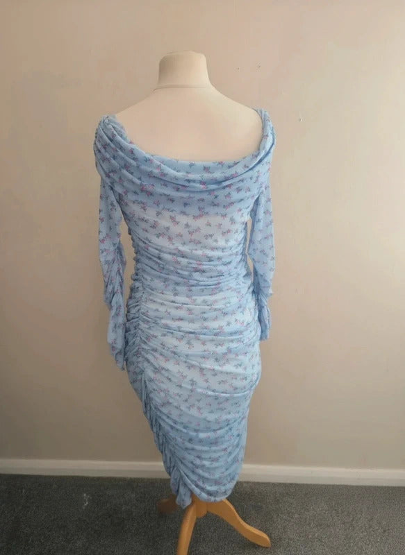 Boohoo Light Blue Floral Off The Shoulder Midi Dress Size 12