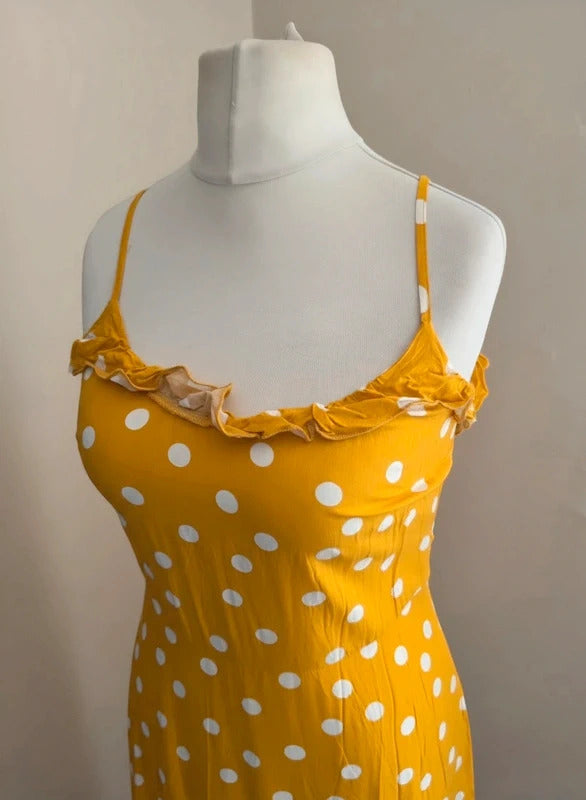 Warehouse Mustard Yellow & White Polka Dot Tie-Back Midi Dress Size 10
